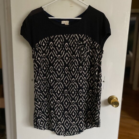 MEADOW RUE Black White Geometric Print Short Sleeve Boho Top Tunic Blouse - L - Picture 1 of 2